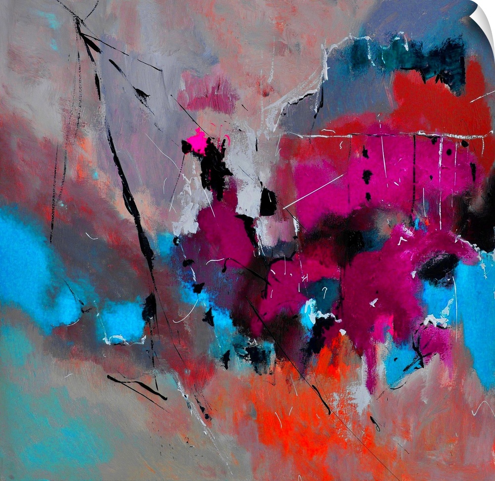Abstract painting with vibrant hues in shades of orange, blue, pink, red and gray mixed in with black contrasting designs.