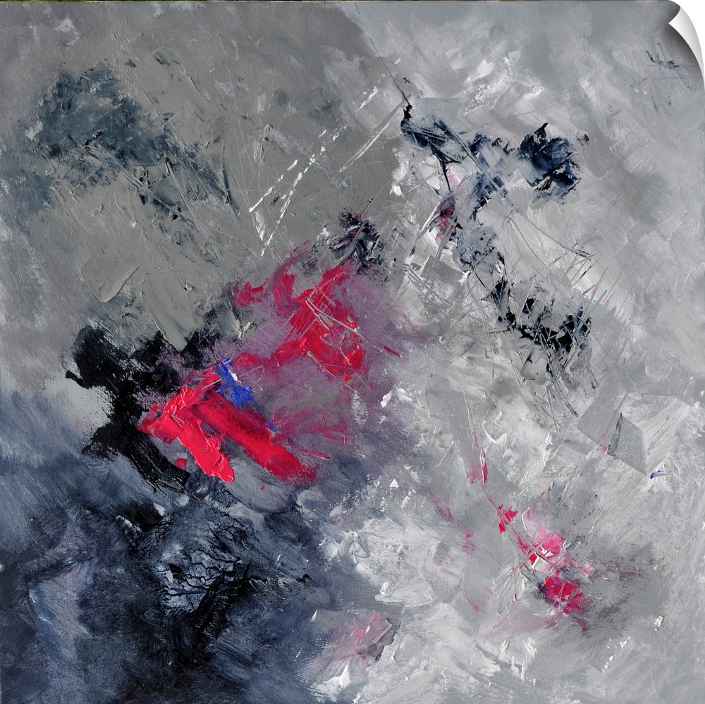 A square abstract painting with textured shades of gray with red accents.