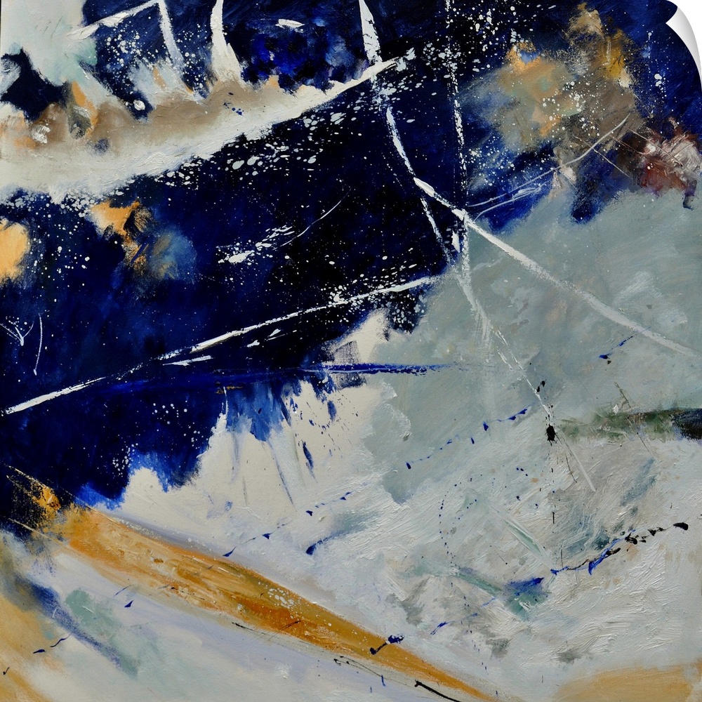 A square abstract painting of colors of brown, white and blue in bold brush strokes and splattered paint.