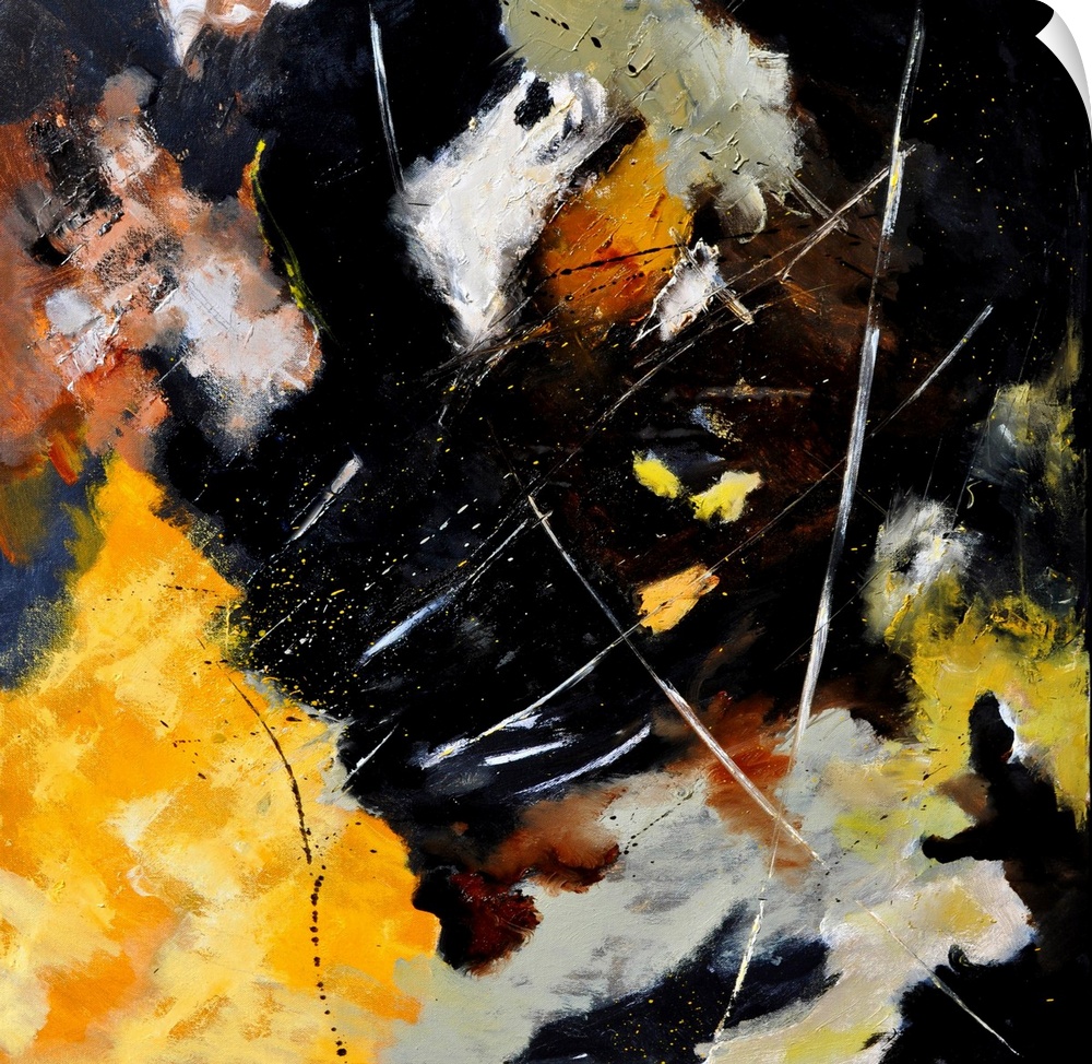 Square abstract painting in shades of brown, yellow and white mixed in with black contrasting designs.