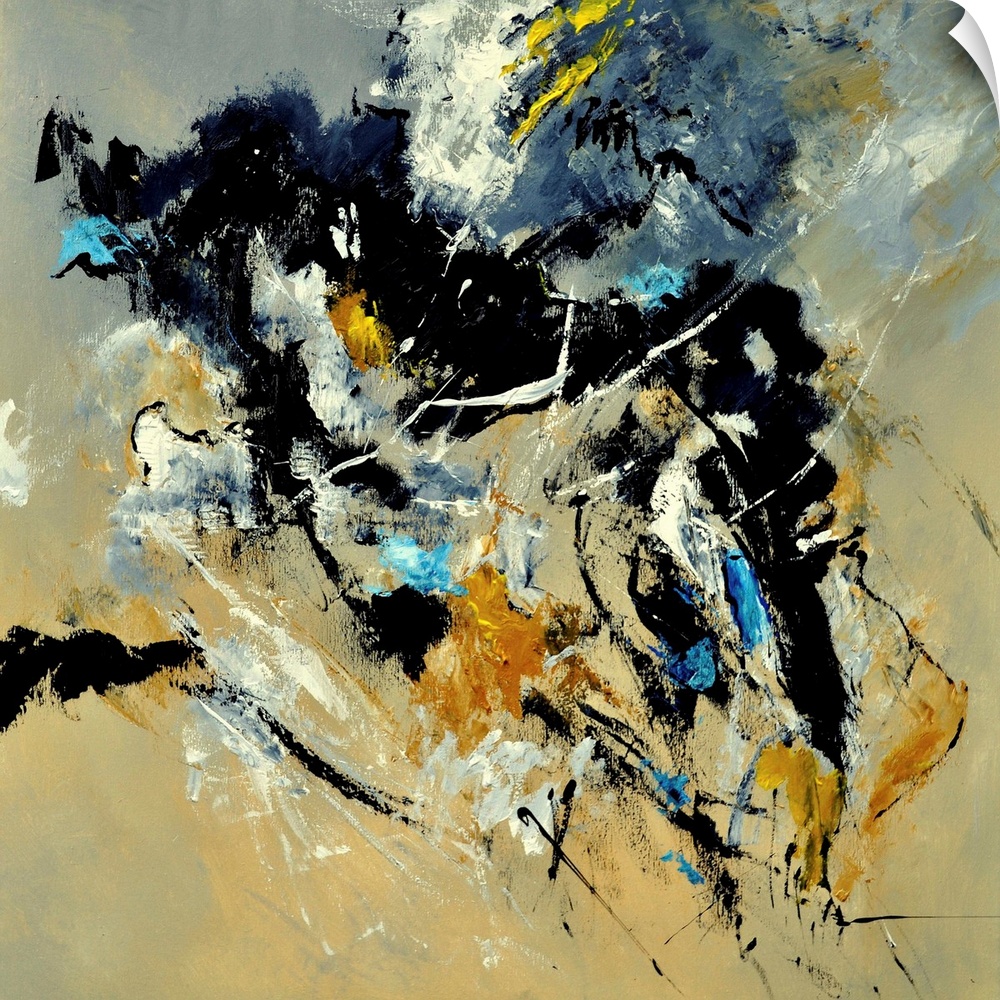 A square abstract painting in dark shades of black, blue, white and yellow with splatters of paint overlapping.