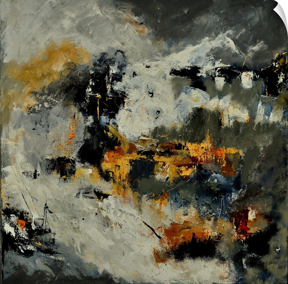 A square abstract painting in dark shades of black, gray and yellow with splatters of paint overlapping.