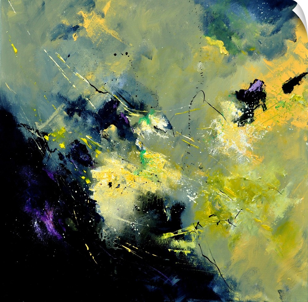 A square abstract painting in dark shades of black, blue, purple and yellow with splatters of paint overlapping.