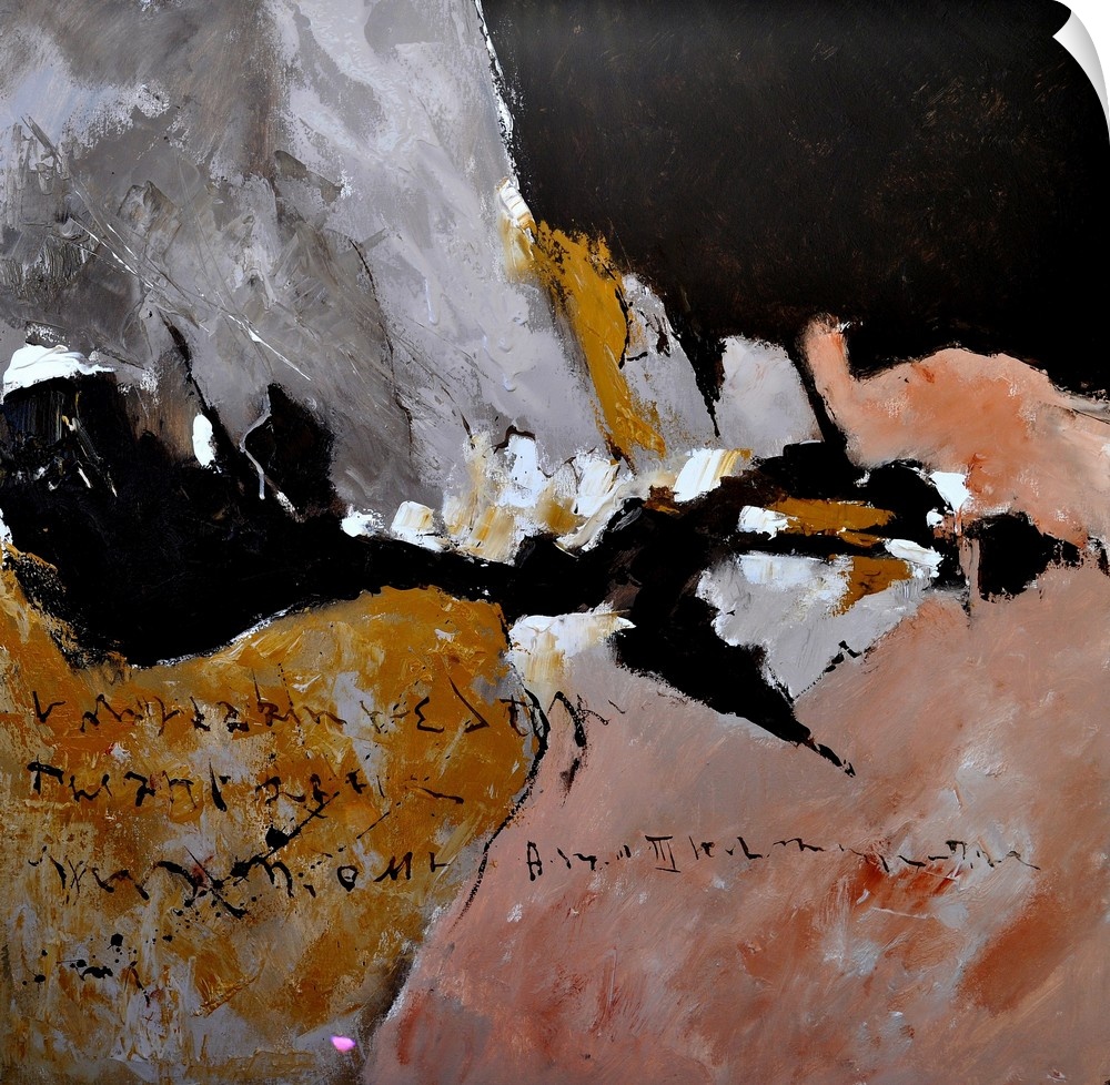 A square abstract painting in dark shades of black, gray, brown and red with splatters of paint overlapping.