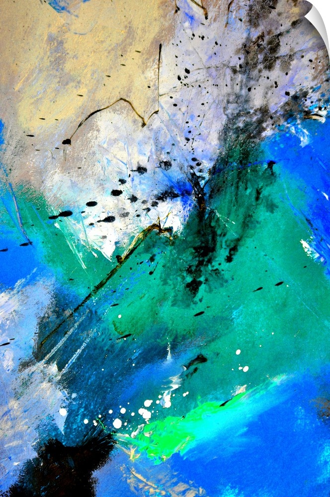 Abstract vertical painting in shades of black, blue, white and yellow with splatters of paint overlapping.