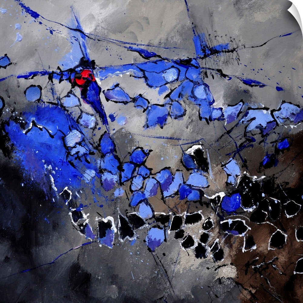 A square abstract painting in dark shades of black, blue, white and red with splatters of paint overlapping.