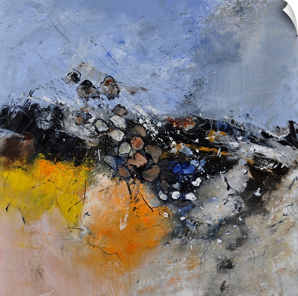 A square abstract landscape with muted colors of yellow, orange and blue.