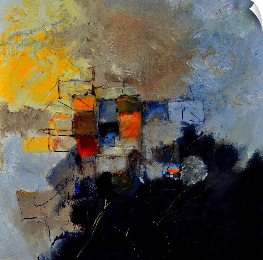 A square abstract painting with muted textured colors of brown, yellow and blue with red accents.