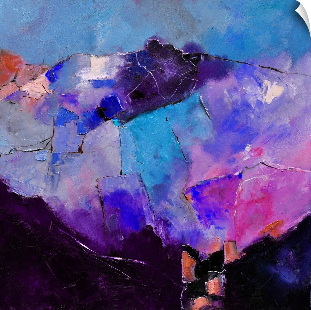 Abstract painting in shades of purple, blue and pink mixed in with black contrasting designs.