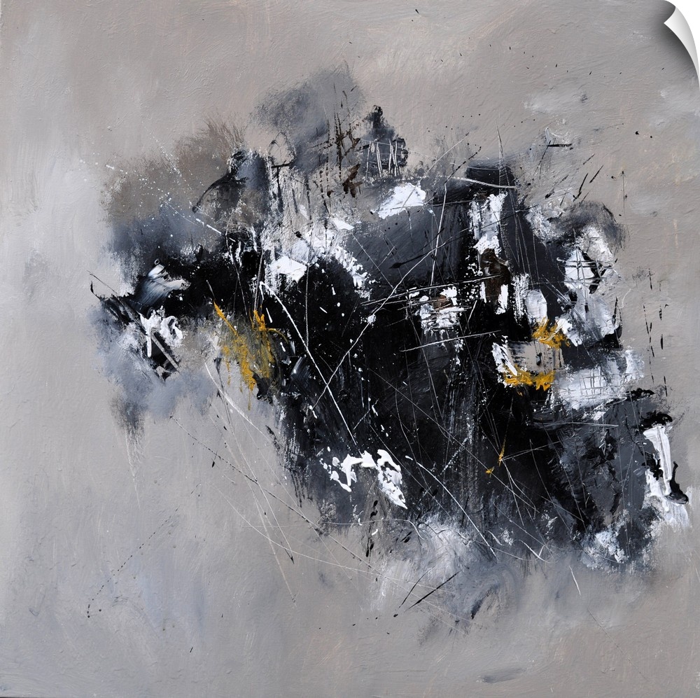 A square abstract painting in textured shades of black and gray with splatters of paint overlapping.