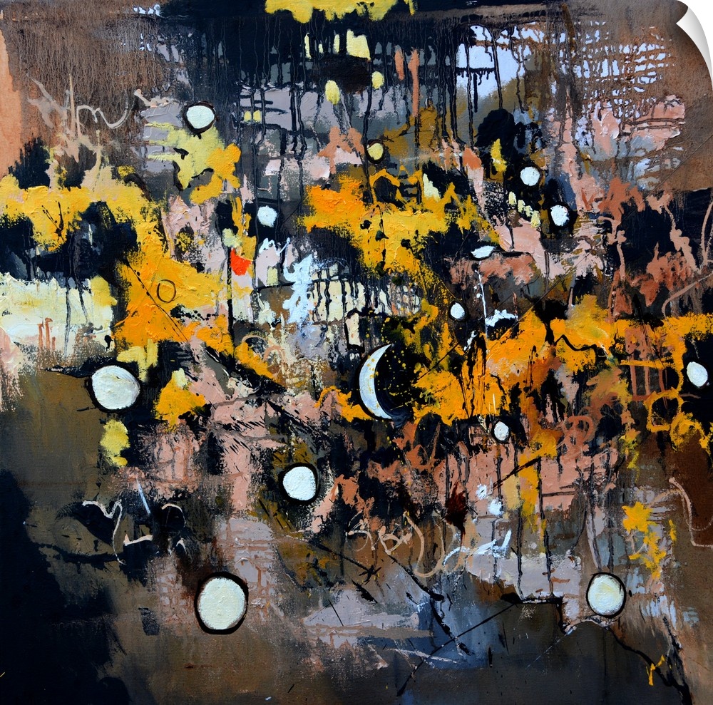 A square abstract painting in dark shades of black, brown, white and orange with splatters of paint overlapping.