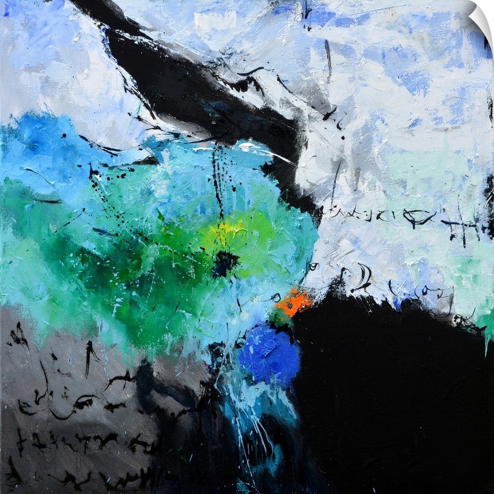 A square abstract painting in textured shades of black, blue, white and green with splatters of paint overlapping.
