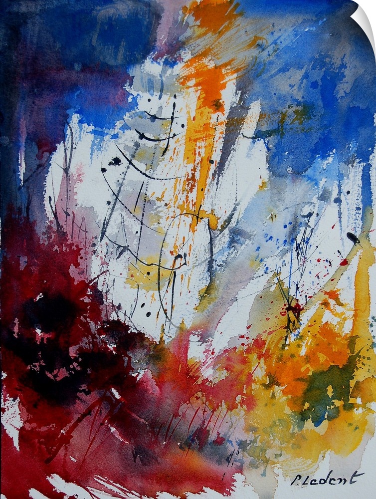A vertical abstract painting with deep colors of blue, red and yellow.