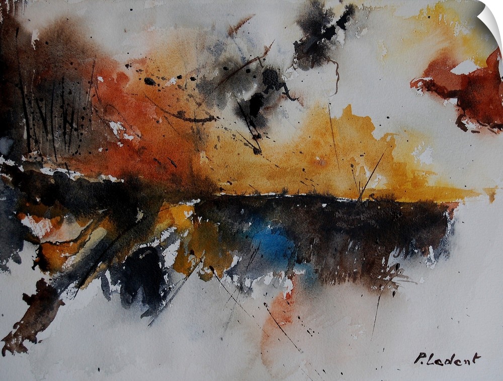 A horizontal watercolor landscape in blotches of color in brown, orange, yellow and blue.