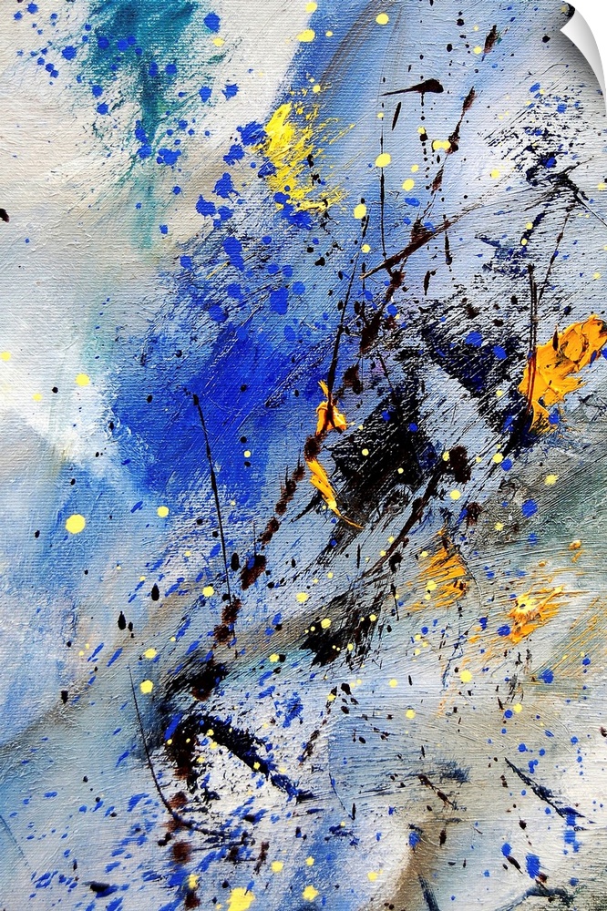 Vertical abstract painting in shades of orange, yellow, blue, and black mixed in with speckled paint overlapping.