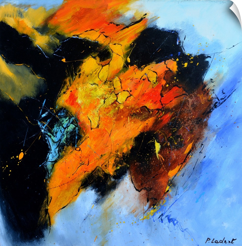 Abstract painting representing a bull's head from the side in vibrant orange, red, and yellow hues mixed in with deep blac...