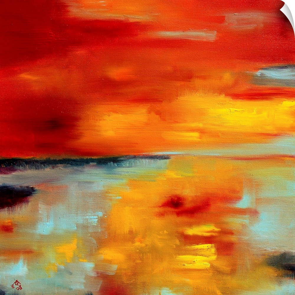 A square abstract landscape with vivid colors of yellow and orange.