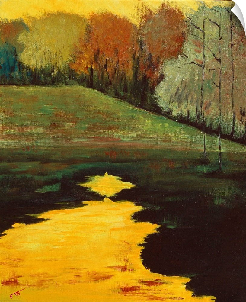 A contemporary landscape of a field and trees next to a lake in warm autumn colors.
