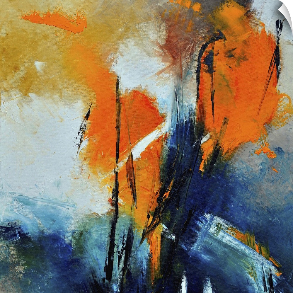 A square abstract painting with deep textured colors of orange and blue.