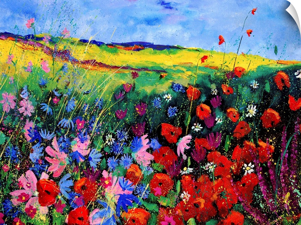 A horizontal abstract landscape of a field of wild flowers in vibrant colors of purple, pink and red.