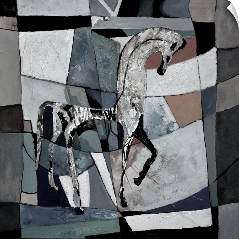 Painting done in a cubism style of a horse against a checkered background in shades of gray and brown.