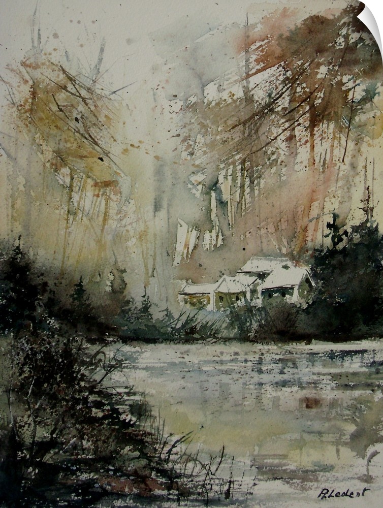 A muted watercolor painting of a house in a forest next to a body of water.