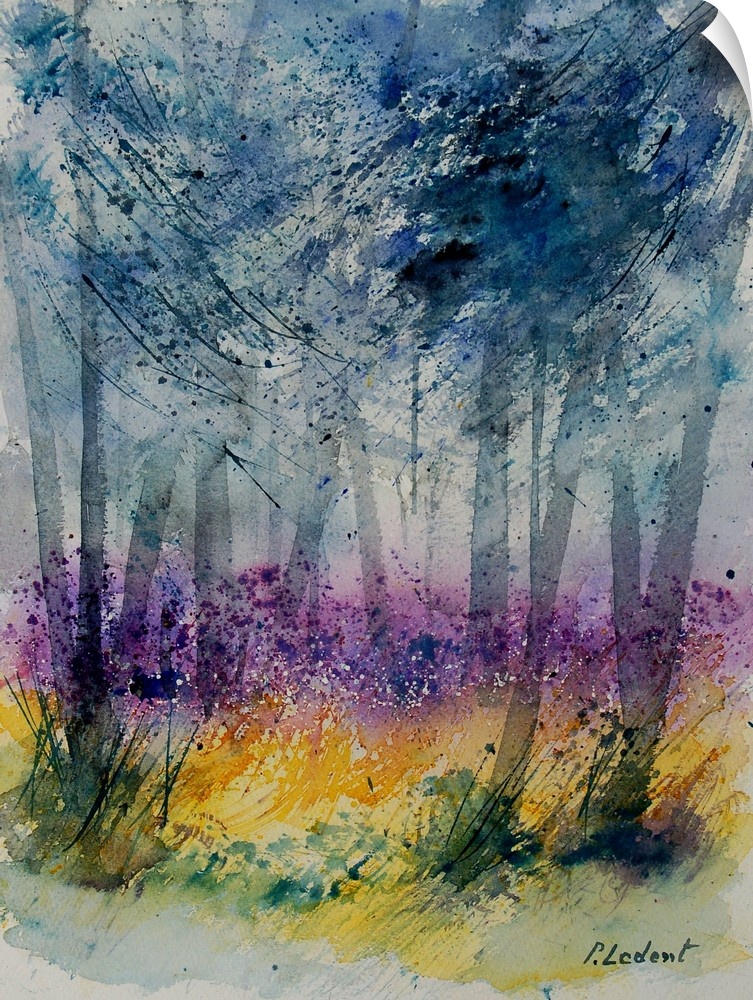 Watercolor painting of a trees in a forest done in vibrant colors of yellow, pink and blue.