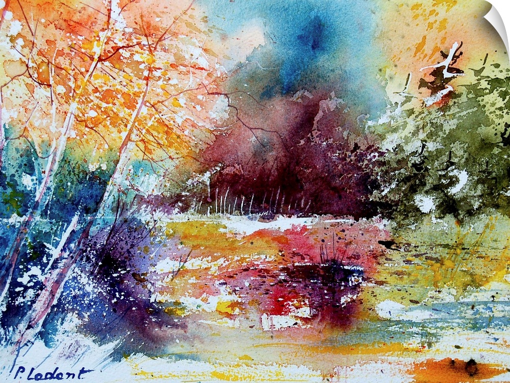 A horizontal abstract landscape of a forest with watercolors of orange, red and blue.