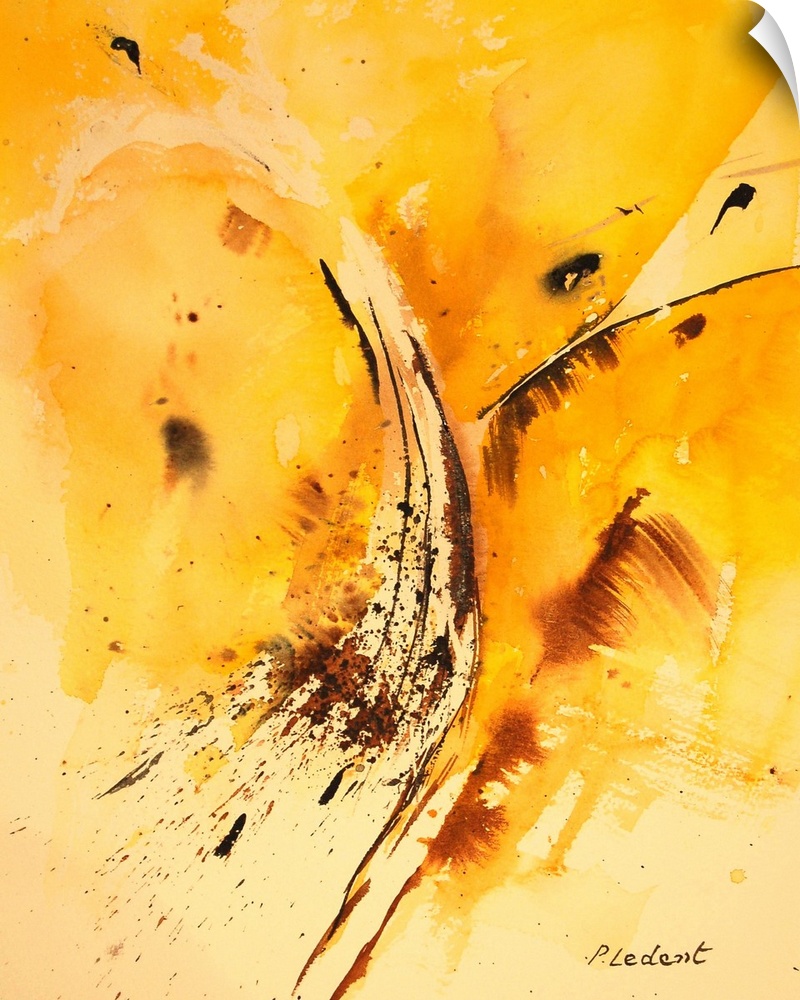 A vertical abstract painting in shades of brown and yellow with splatters of paint overlapping.