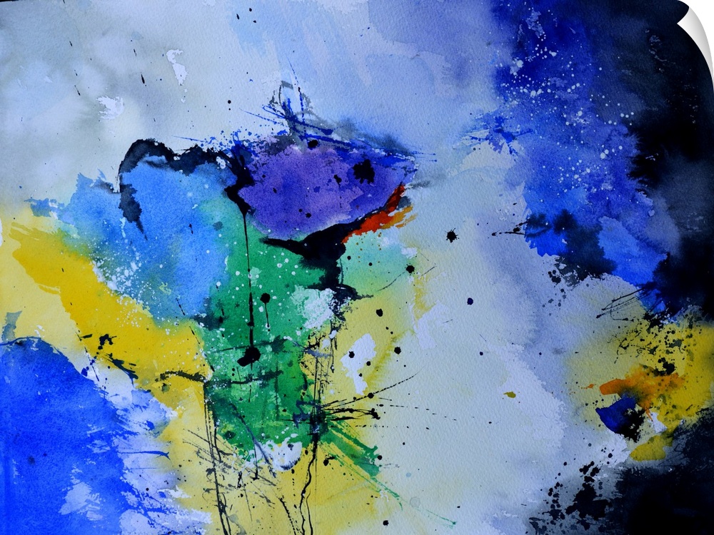 Abstract painting in shades of green, blue, white and yellow with splatters of paint overlapping.