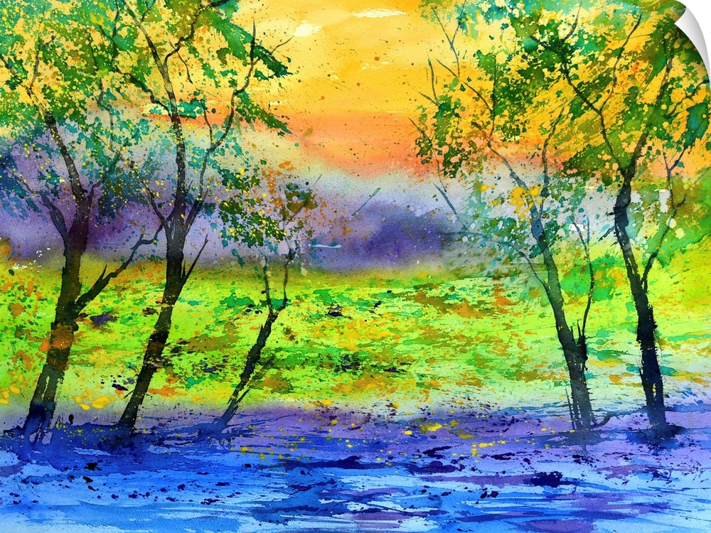 Vibrant horizontal painting of green leaved trees, a colorful sky, and a bright blue river in the foreground.