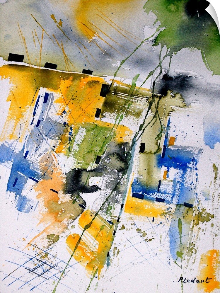 A vertical abstract painting with vivid colors of green, yellow, and blue.