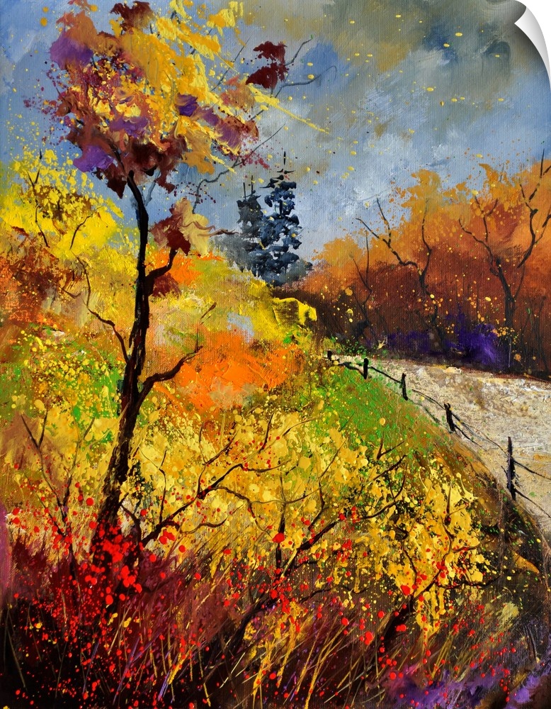Vertical painting of an Autumn landscape with orange and yellow flowers in a field along a country road.