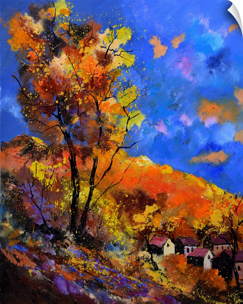 Vibrant painting of an autumn day with blossoming trees, a colorful sky, and a village in the distance.