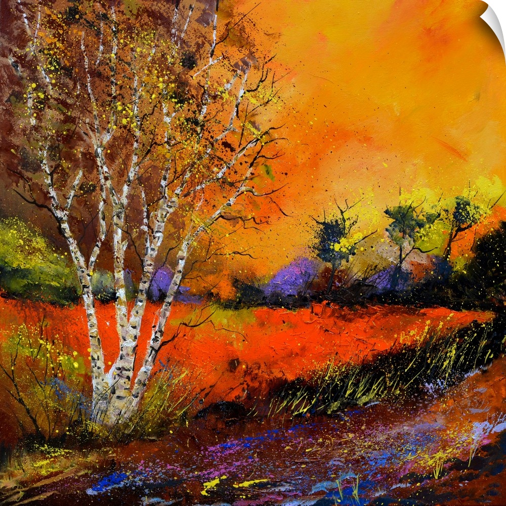 Square painting of an Autumn landscape with orange and yellow flowers in the foreground and a bright warm sky in the backg...