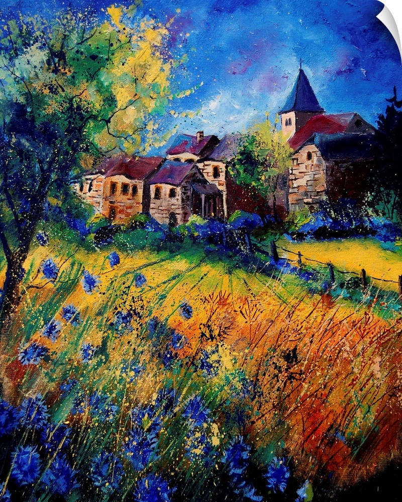 A contemporary painting of Awayne with a filed of beautiful flowers in bloom.  Awagne is a Belgian hamlet of the former mu...
