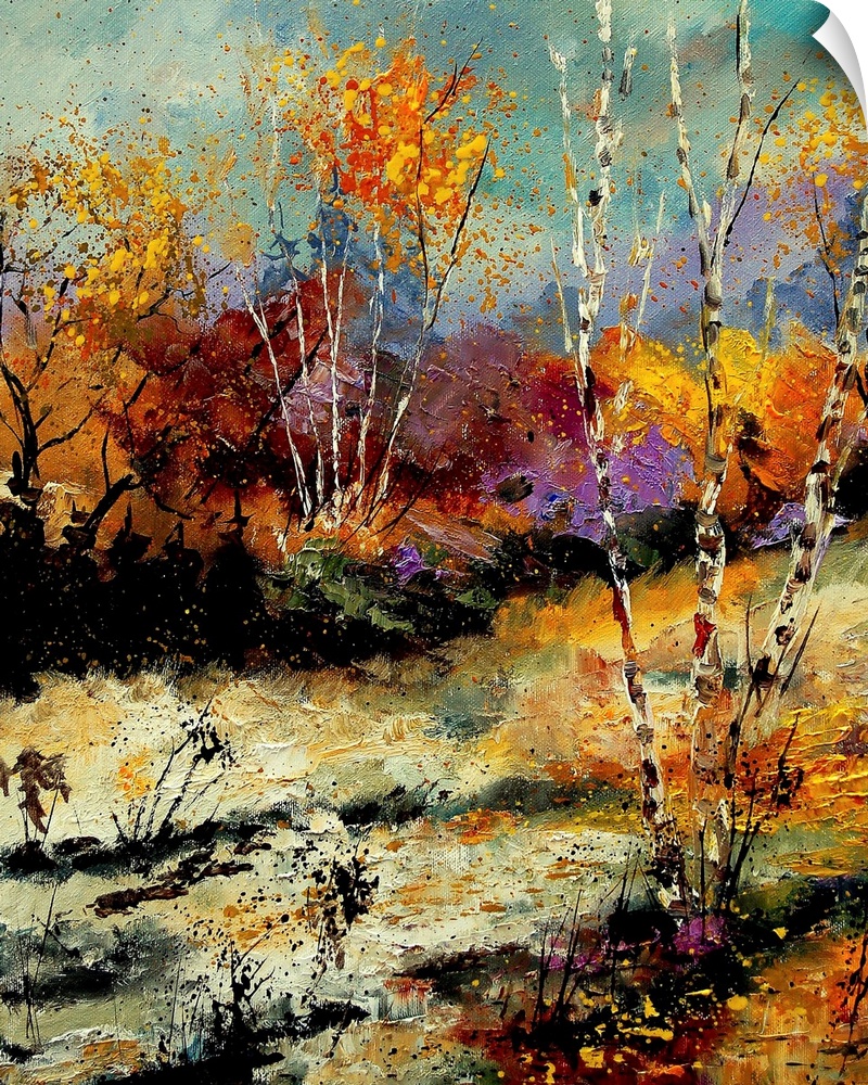 Vertical painting of a forest of colorful birch trees in the fall.