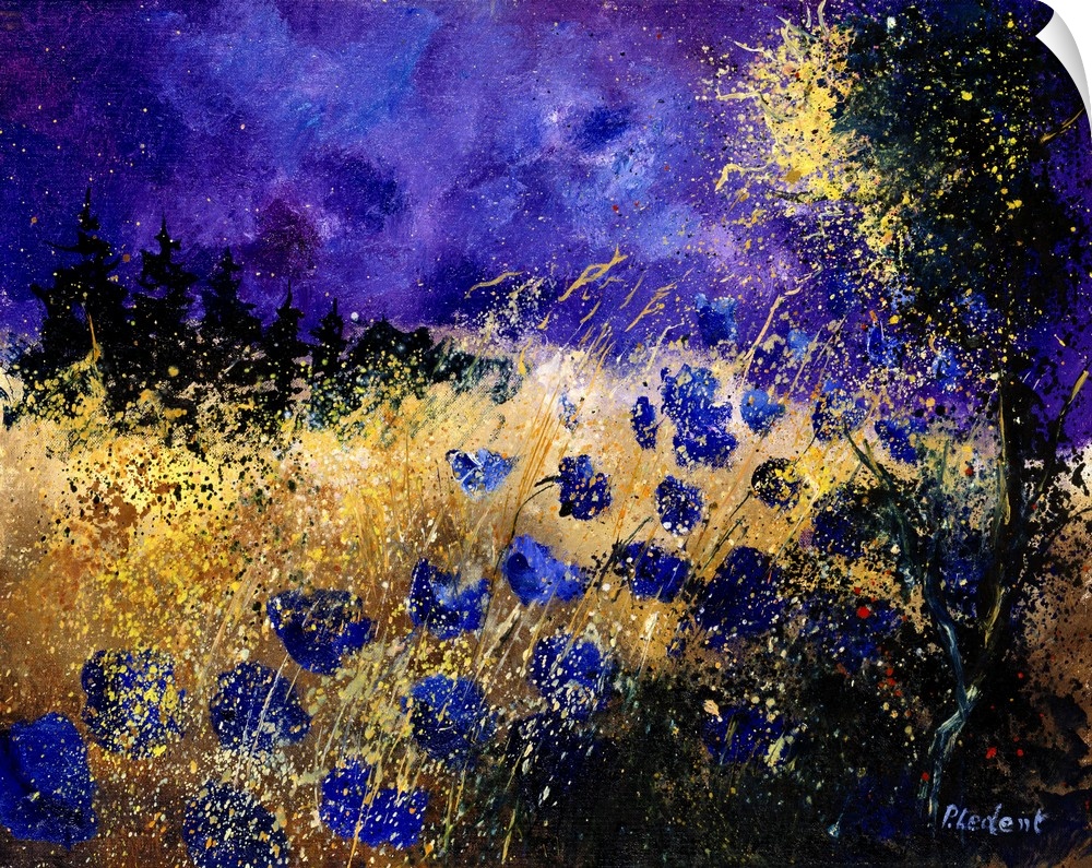 Contemporary painting of a field of blue cornflowers along a tree with a vibrant purple sky.