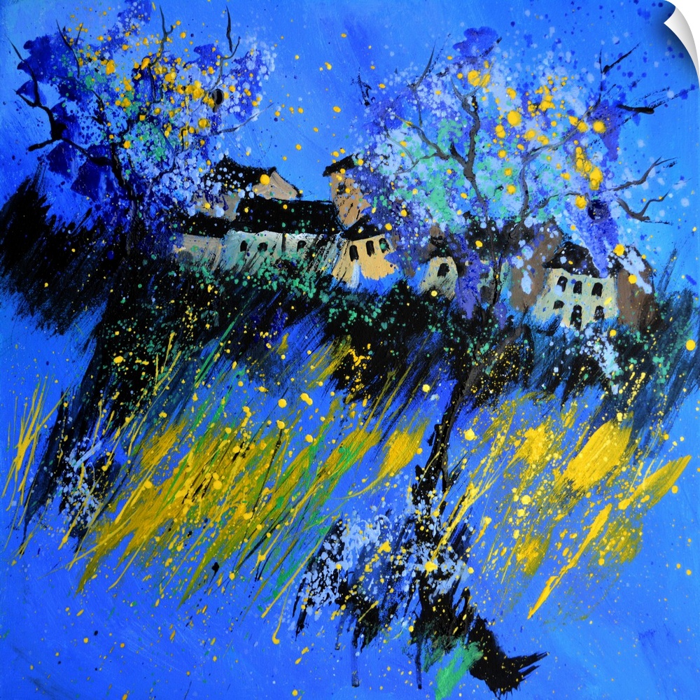 Square abstract painting made in shades of blue, yellow and white with a small hint of pink representing a village.