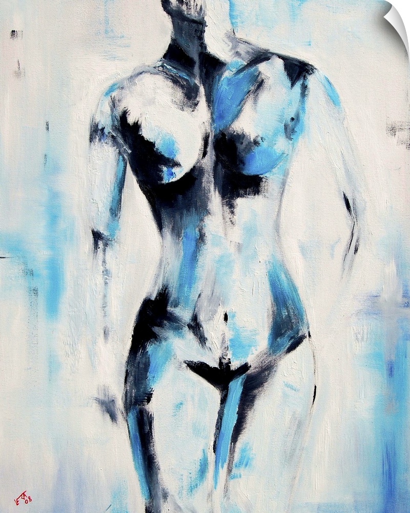 Vertical painting of a nude woman from the neck down in textured shades of blue.
