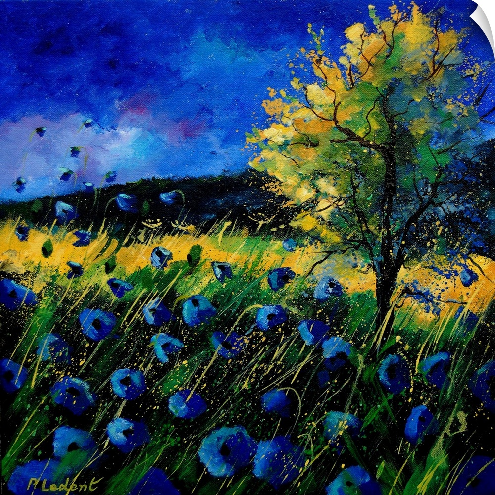 A vertical abstract landscape of a field of blue poppies in colors of green and blue.