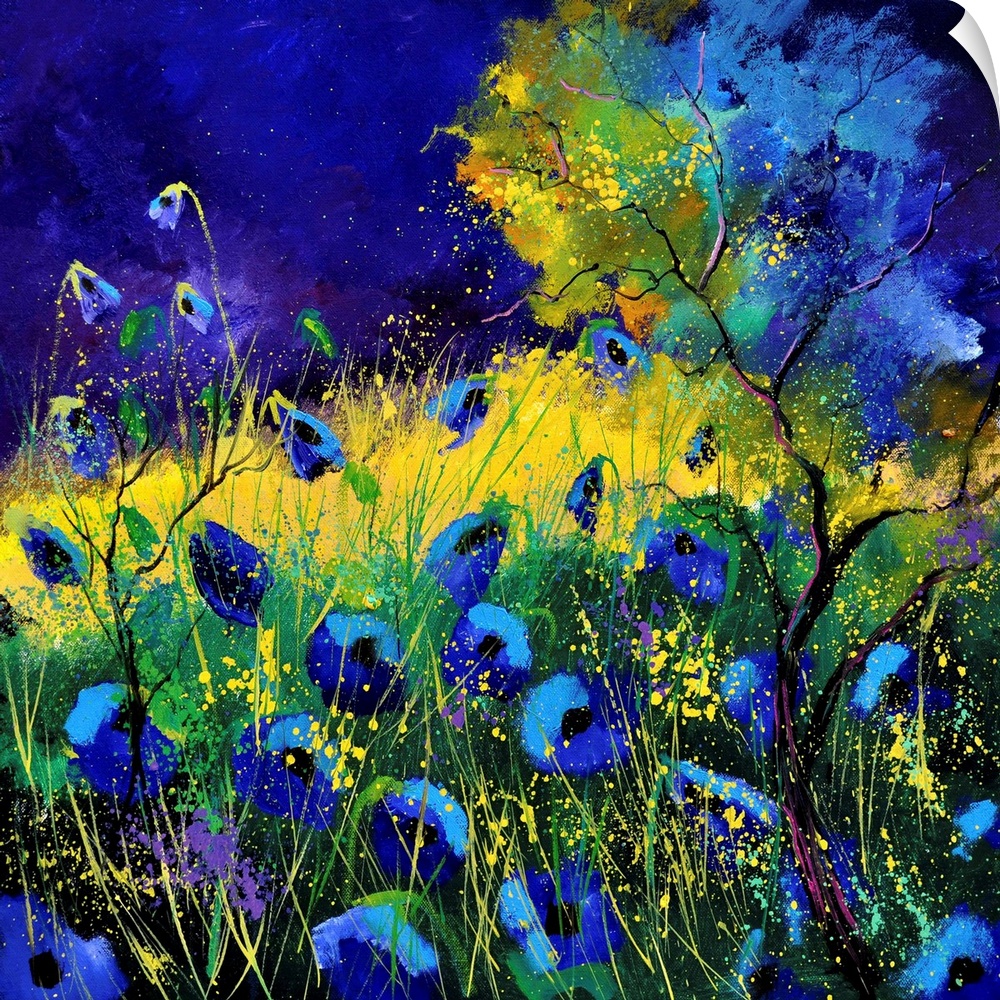Vibrant painting of blue poppies in a filed with a dark sky.
