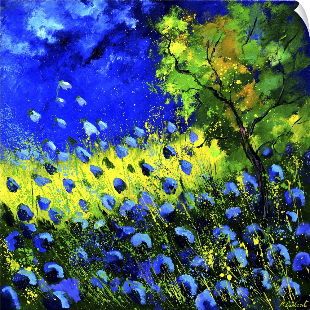 Square painting of blue poppies in a field and a bright blue sky with small speckles of paint overlapping.