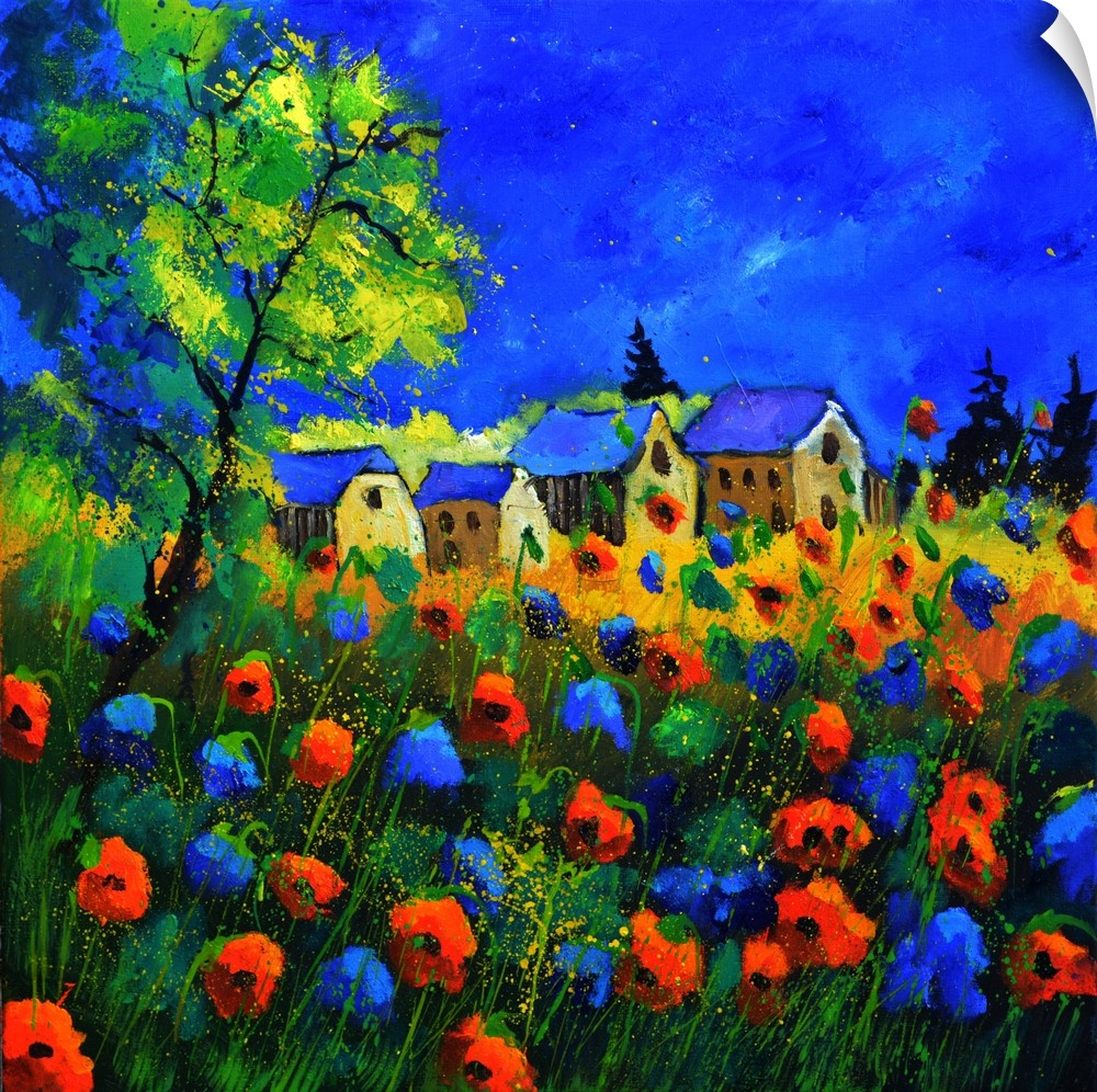 Vibrant painting of a bright Summer day with blossoming poppies, a colorful sky, and a village in the distance.