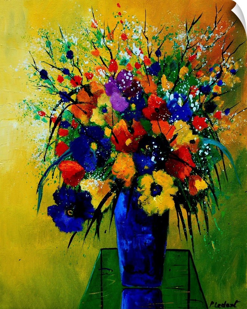 Contemporary painting of a colorful bouquet of flowers in a blue vase on a green and yellow background.