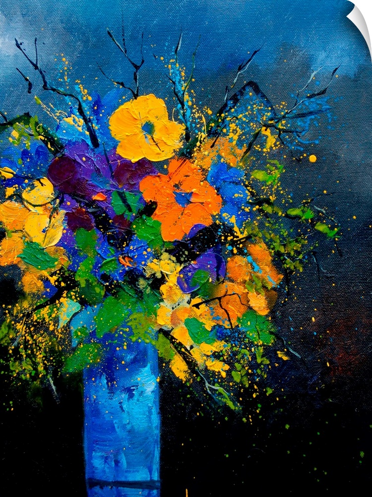 Vertical painting of a vase of flowers against a blue tone background.