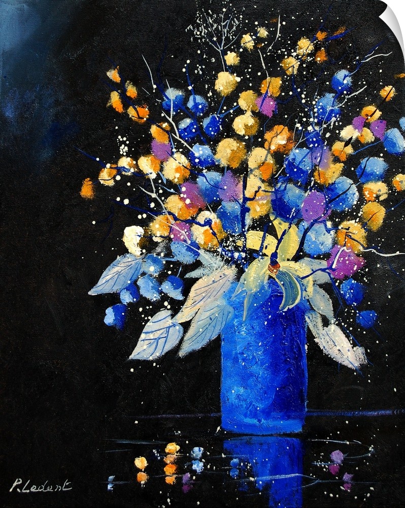 Vertical painting of a bouquet of colorful flowers in a blue vase against a black backdrop.