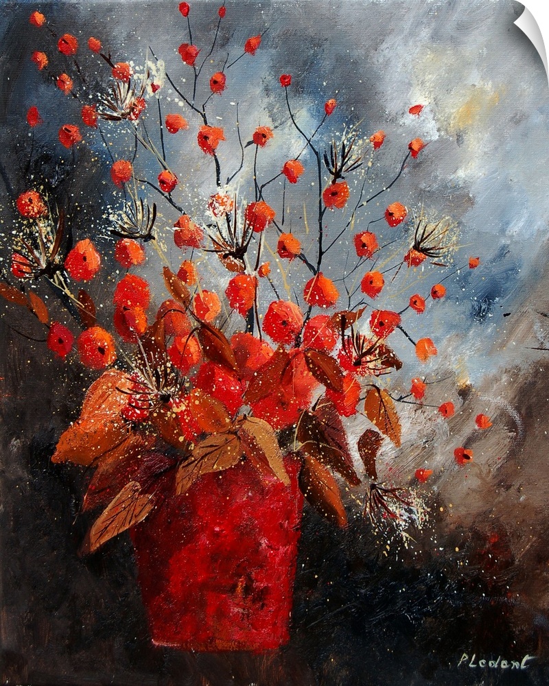 Contemporary painting of a vase of red and white flowers against a neutral backdrop.