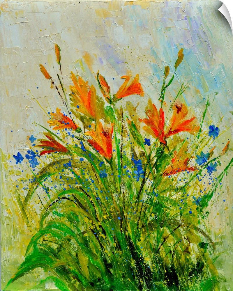 Vertical watercolor painting of a bouquet of orange flowers against a pastel colored backdrop.