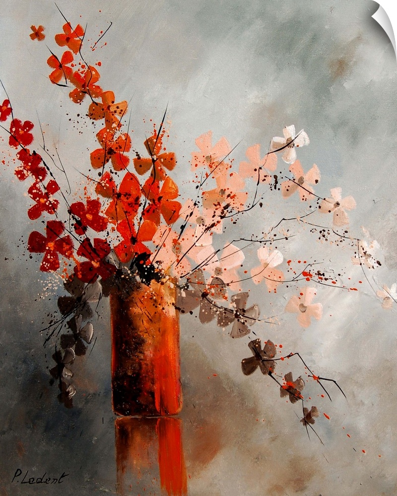 Contemporary painting of a vase of red and peach flowers against a neutral backdrop.
